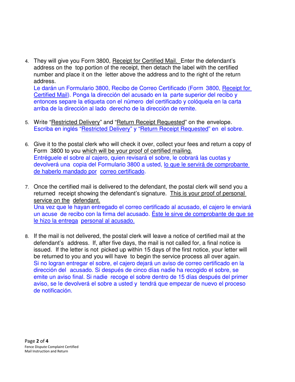 Form CC3:14 Fence Dispute Complaint Certified Mail Instruction and Return - Nebraska (English / Spanish), Page 2