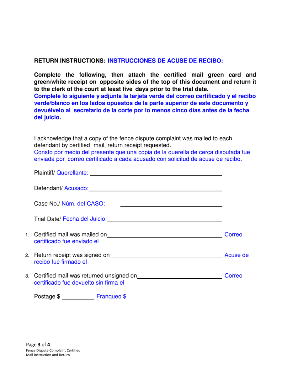 Form CC3:14 Fence Dispute Complaint Certified Mail Instruction and Return - Nebraska (English / Spanish), Page 3