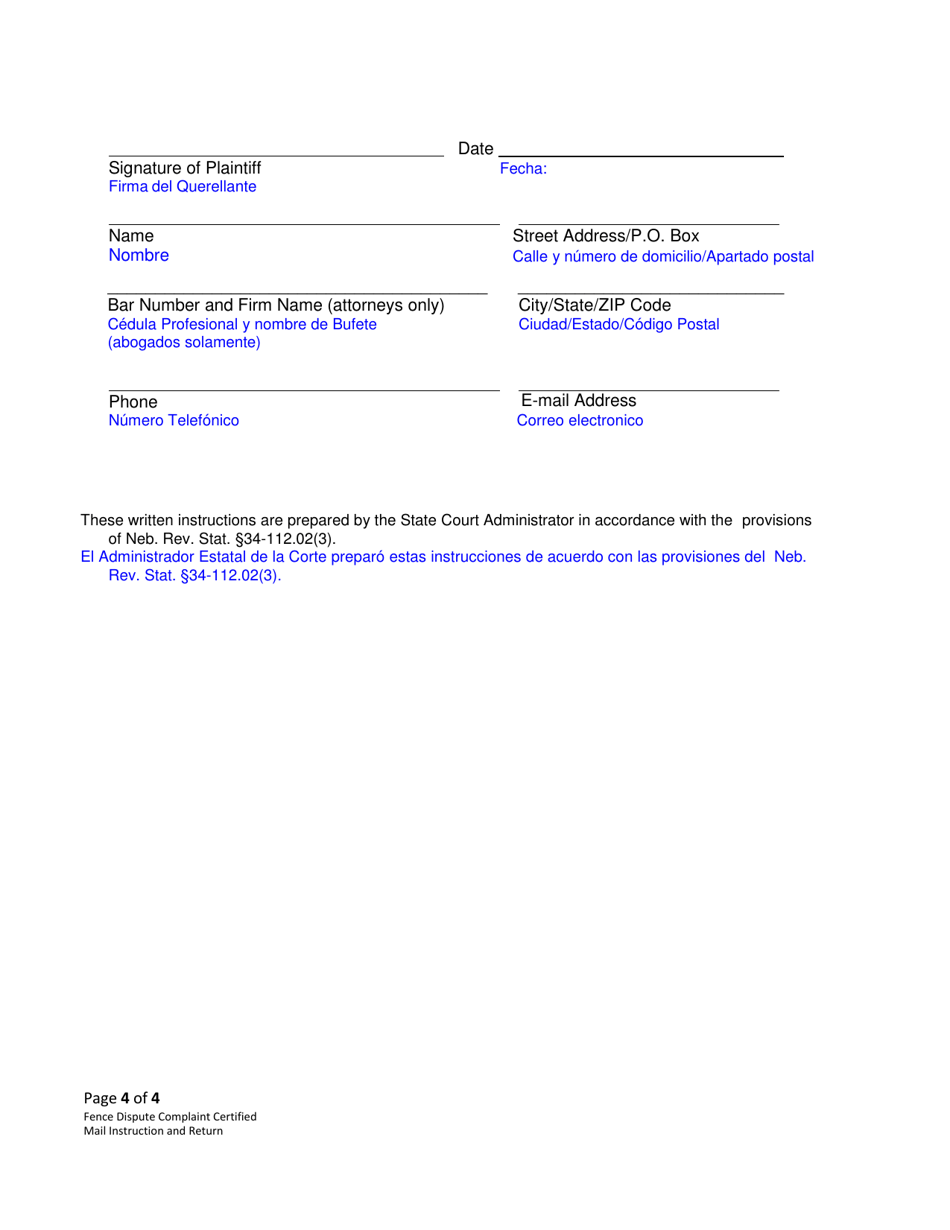 Form CC3:14 Fence Dispute Complaint Certified Mail Instruction and Return - Nebraska (English / Spanish), Page 4