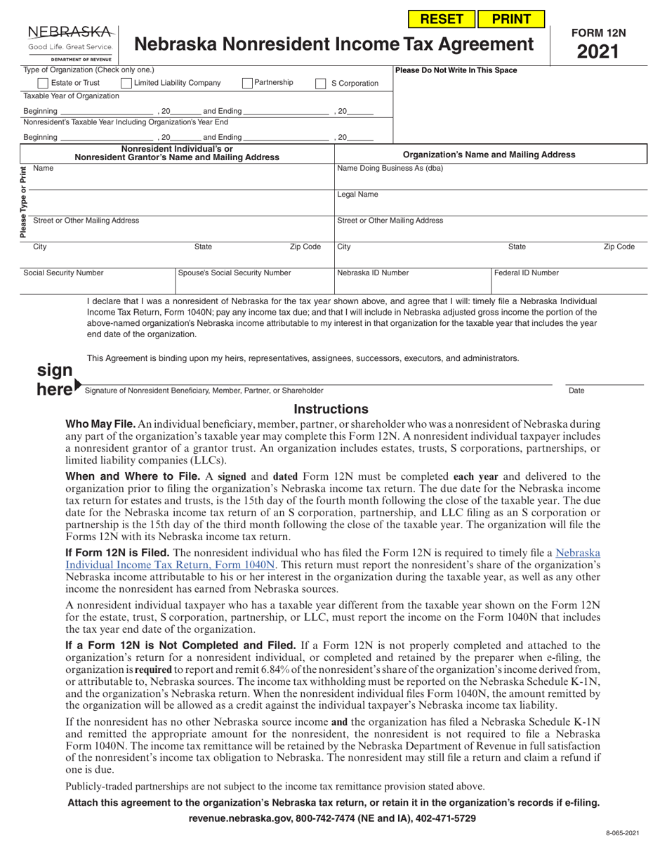 Form 12N Nebraska Nonresident Income Tax Agreement - Nebraska, Page 1
