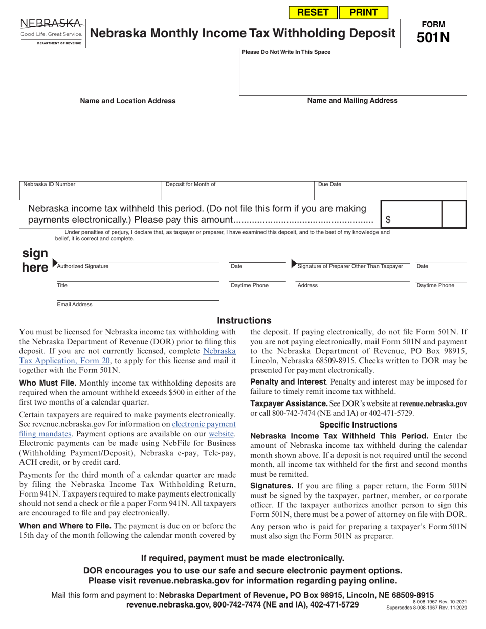 Form 501N Nebraska Monthly Income Tax Withholding Deposit - Nebraska, Page 1