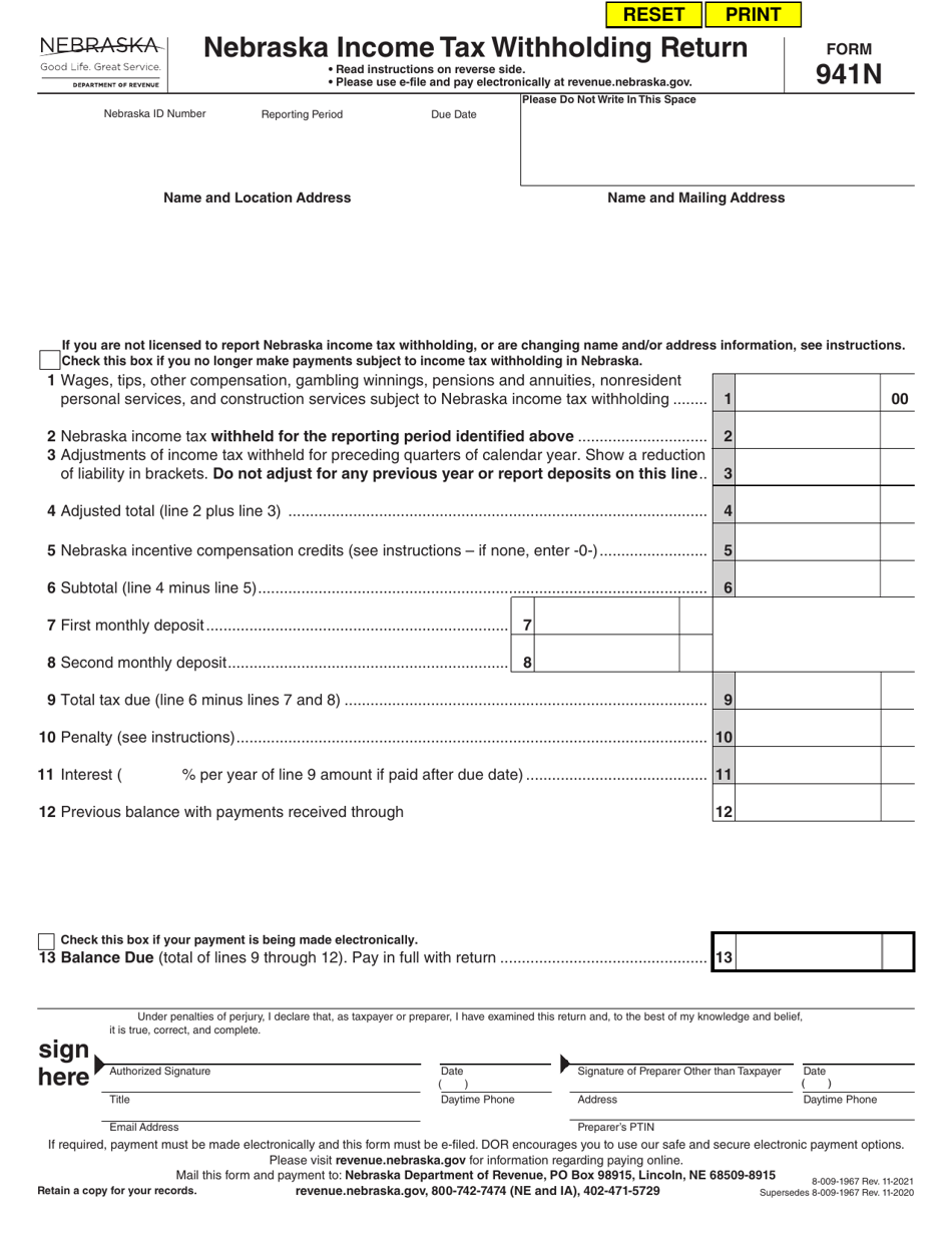 Form 941N Download Fillable PDF or Fill Online Nebraska Tax Withholding Return Nebraska