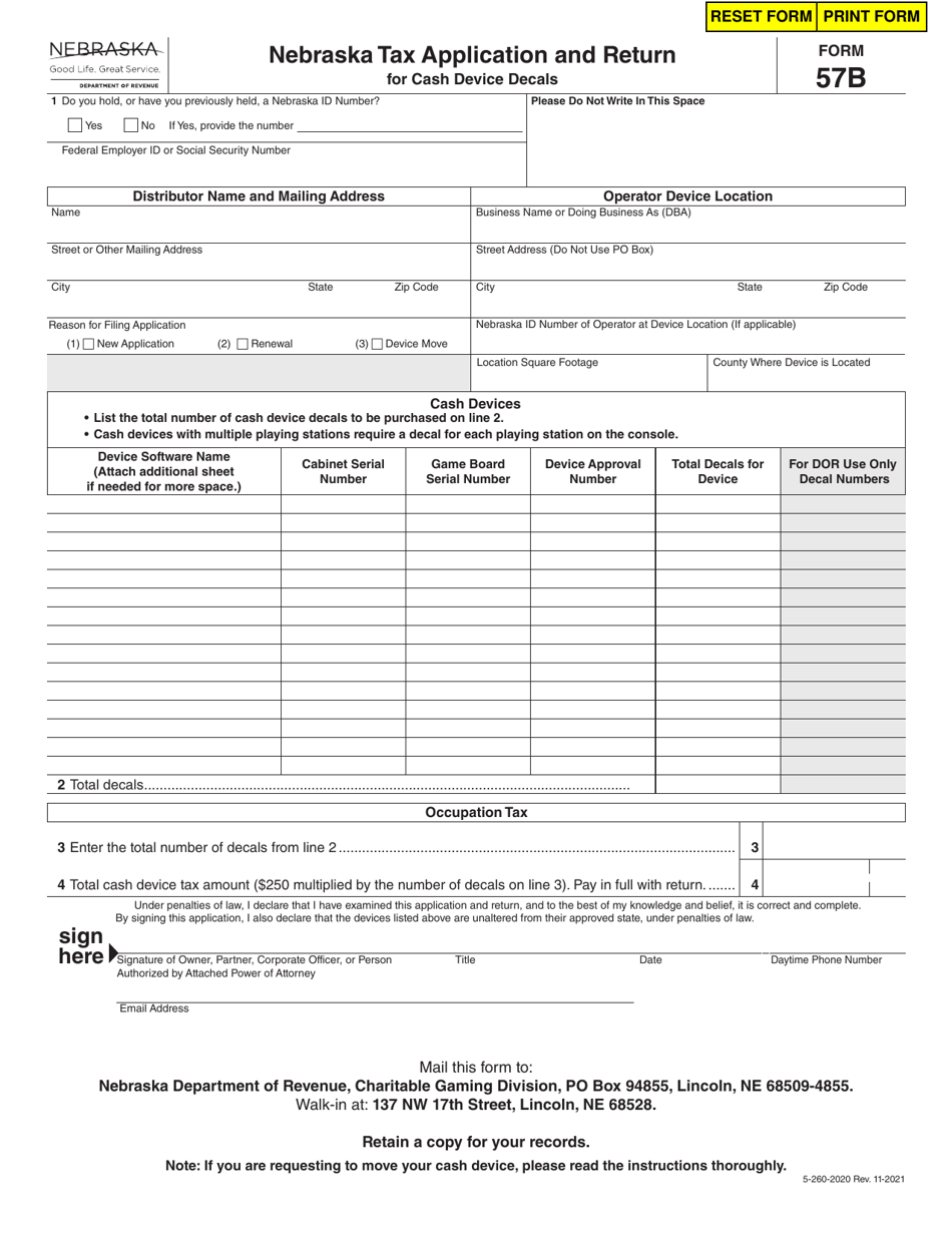Form 57B Nebraska Tax Application and Return for Cash Device Decals - Nebraska, Page 1