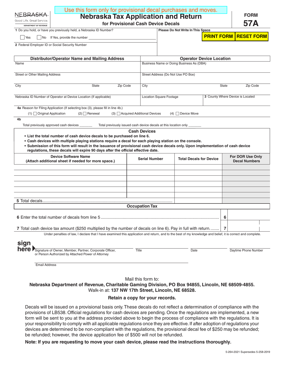 Form 57A Nebraska Tax Application and Return for Provisional Cash Device Decals - Nebraska, Page 1