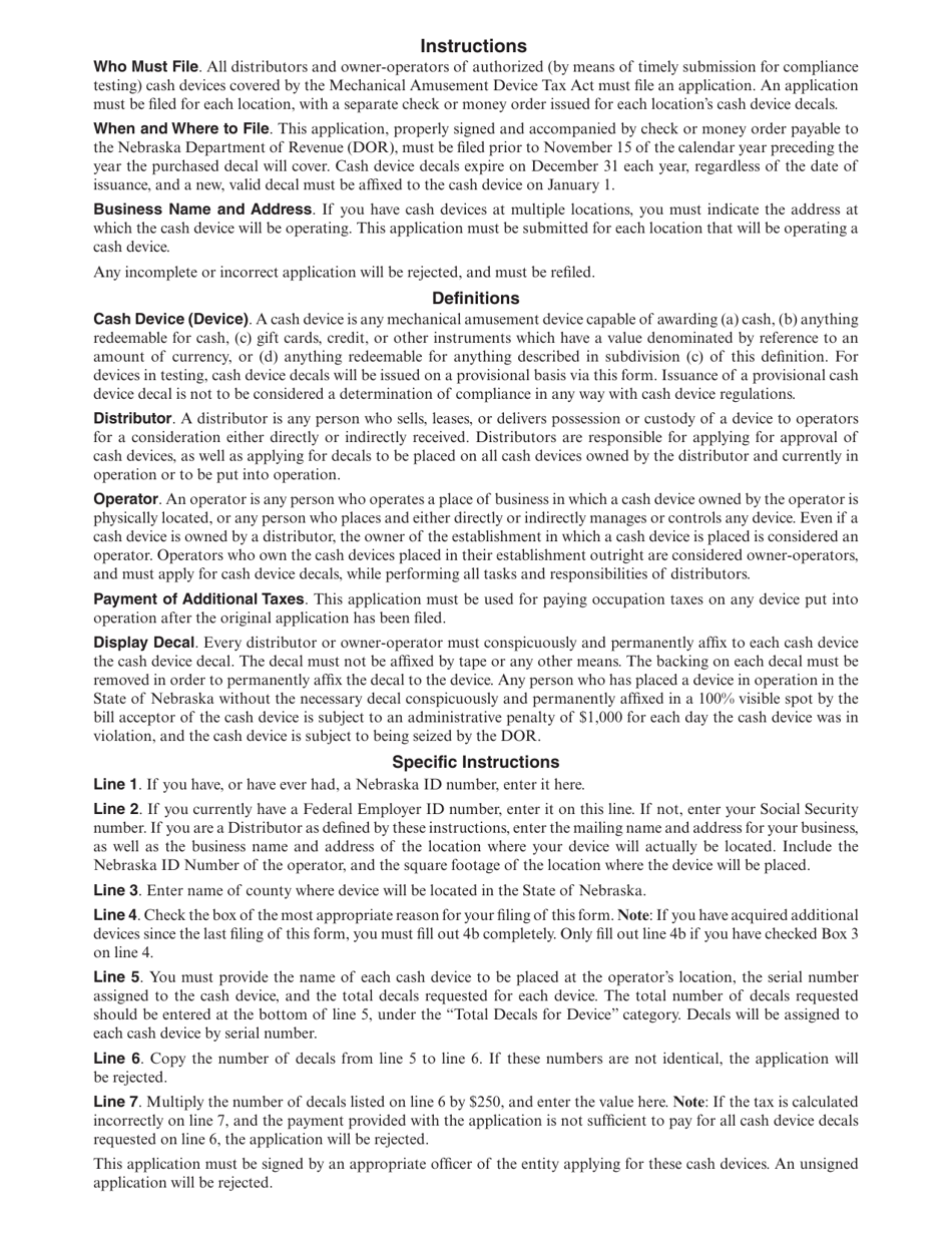 Form 57A Nebraska Tax Application and Return for Provisional Cash Device Decals - Nebraska, Page 2