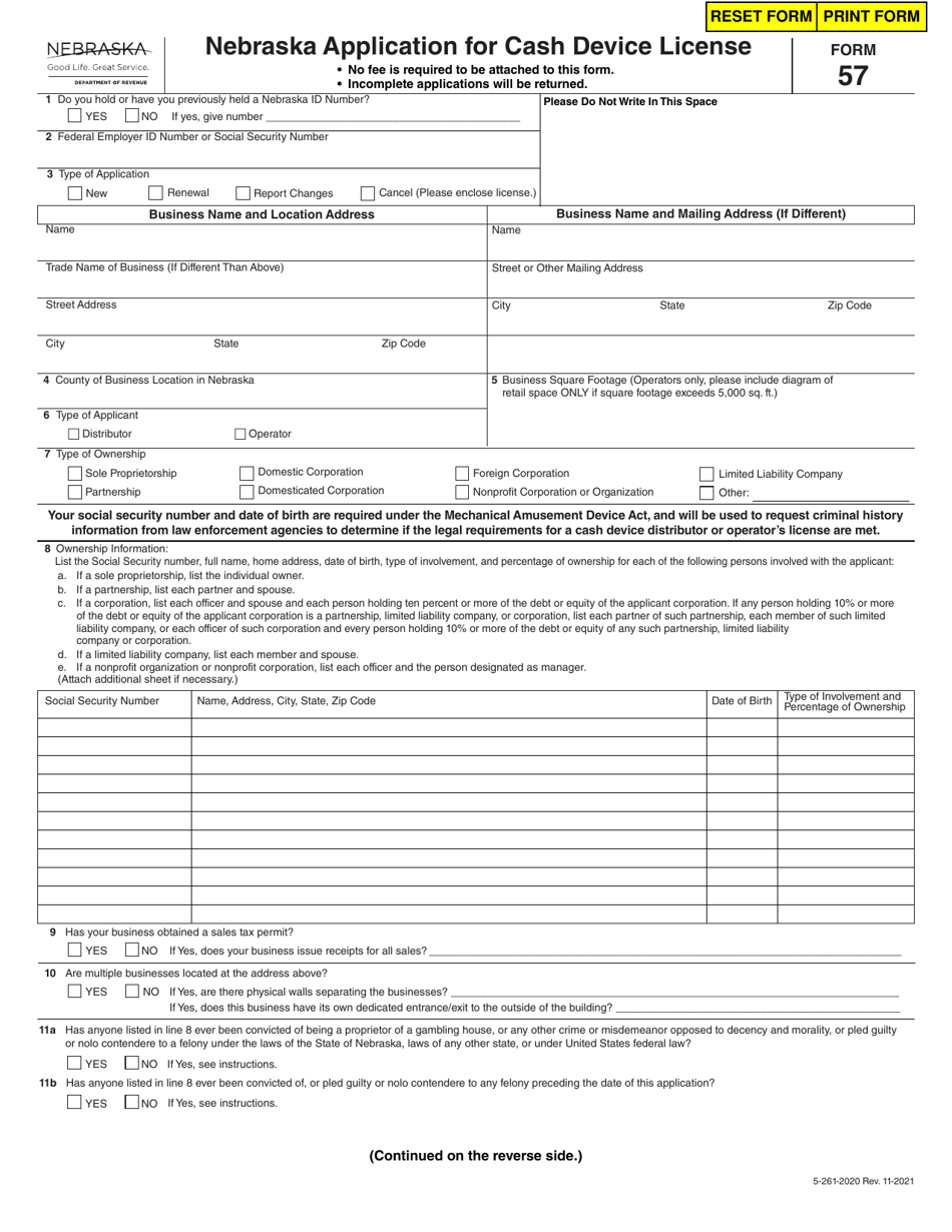 Form 57 Nebraska Application for Cash Device License - Nebraska, Page 1