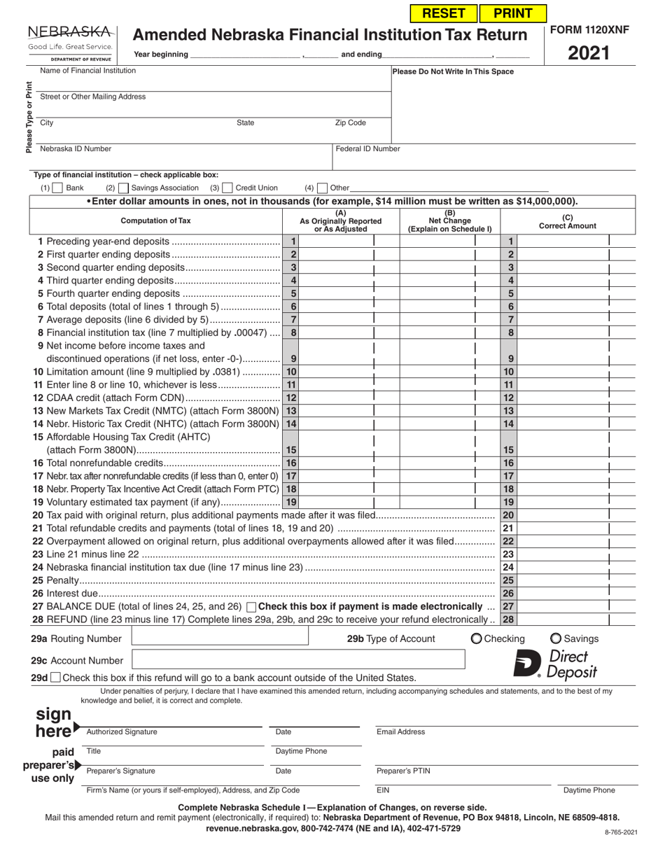 Form 1120XNF Amended Nebraska Financial Institution Tax Return - Nebraska, Page 1