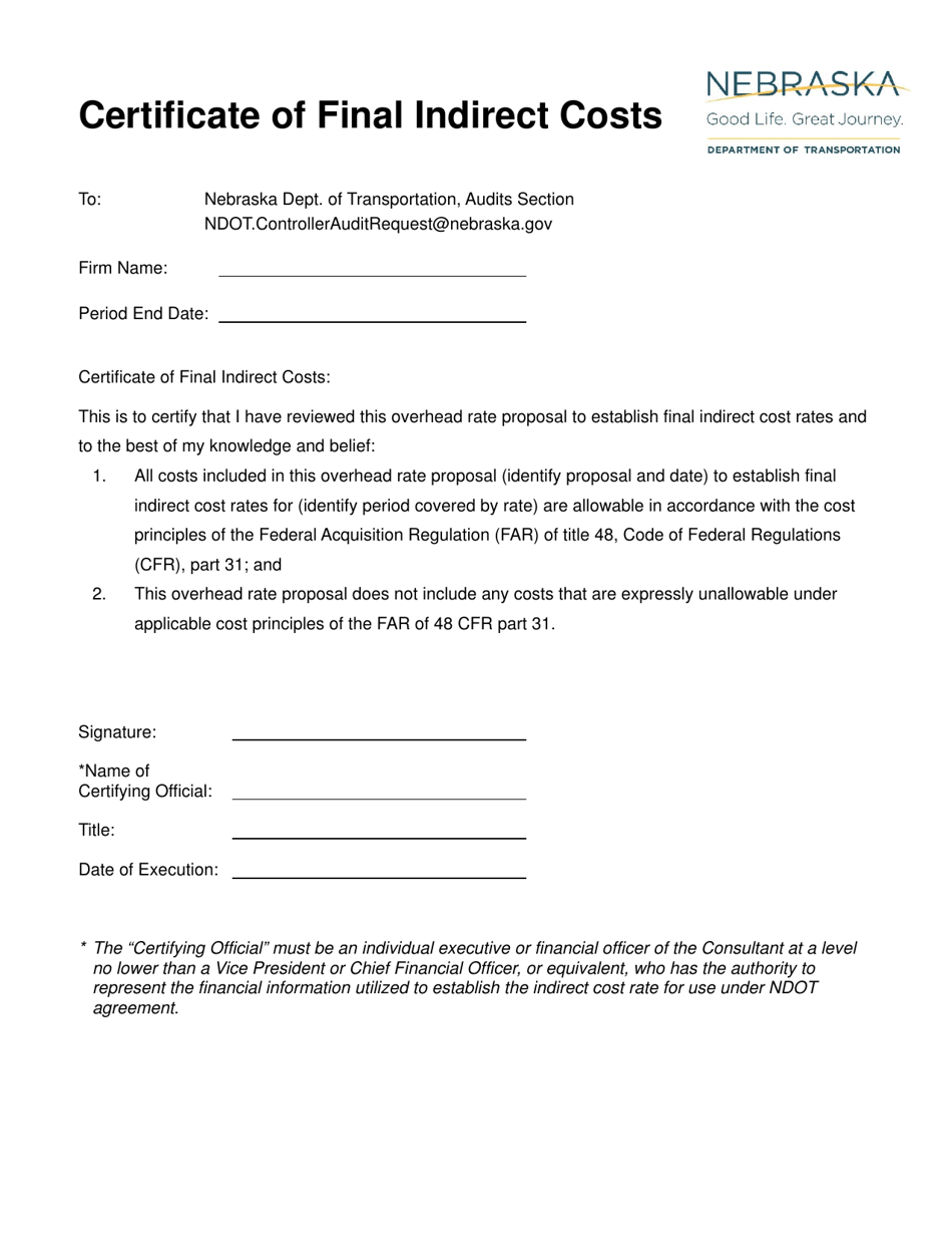 Certificate of Final Indirect Costs - Nebraska, Page 1