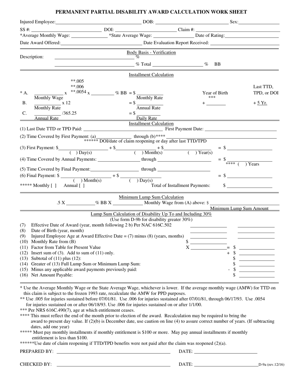 Form D-9A Permanent Partial Disability Award Calculation Worksheet - Nevada, Page 1