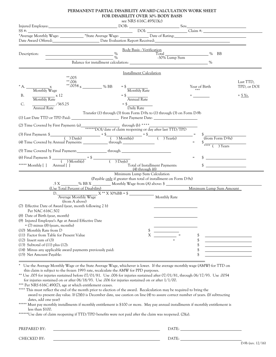 Form D-9B Permanent Partial Disability Award Calculation Worksheet for Disability Greater Than 30% Body Basis - Nevada, Page 1