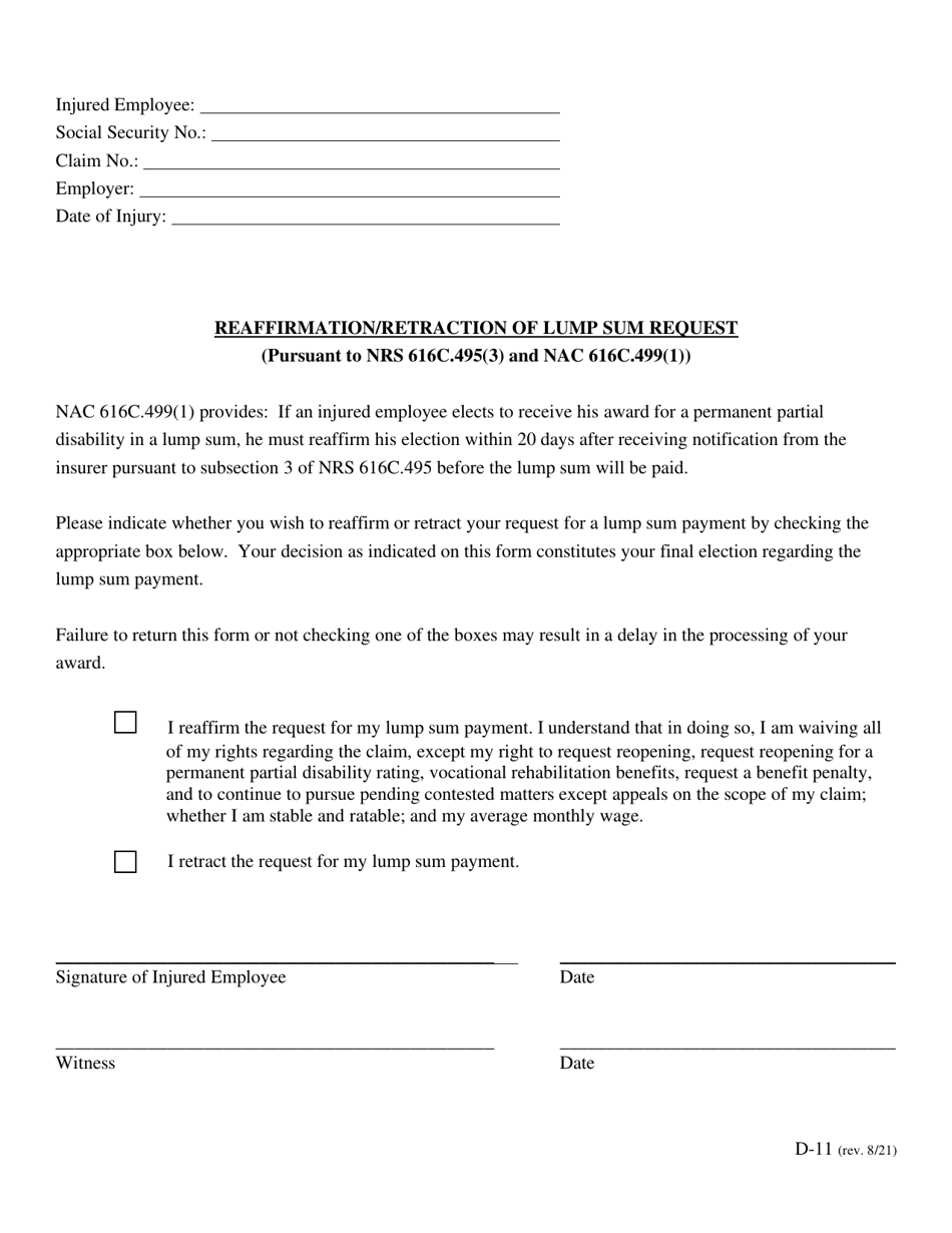 Form D-11 Reaffirmation / Retraction of Lump Sum Request - Nevada, Page 1