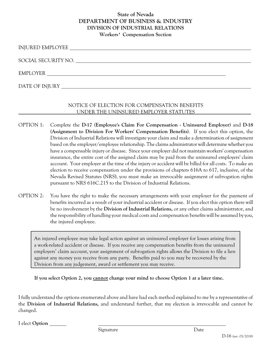 Form D-16 Notice of Election for Compensation Benefits Under the Uninsured Employer Statutes - Nevada, Page 1