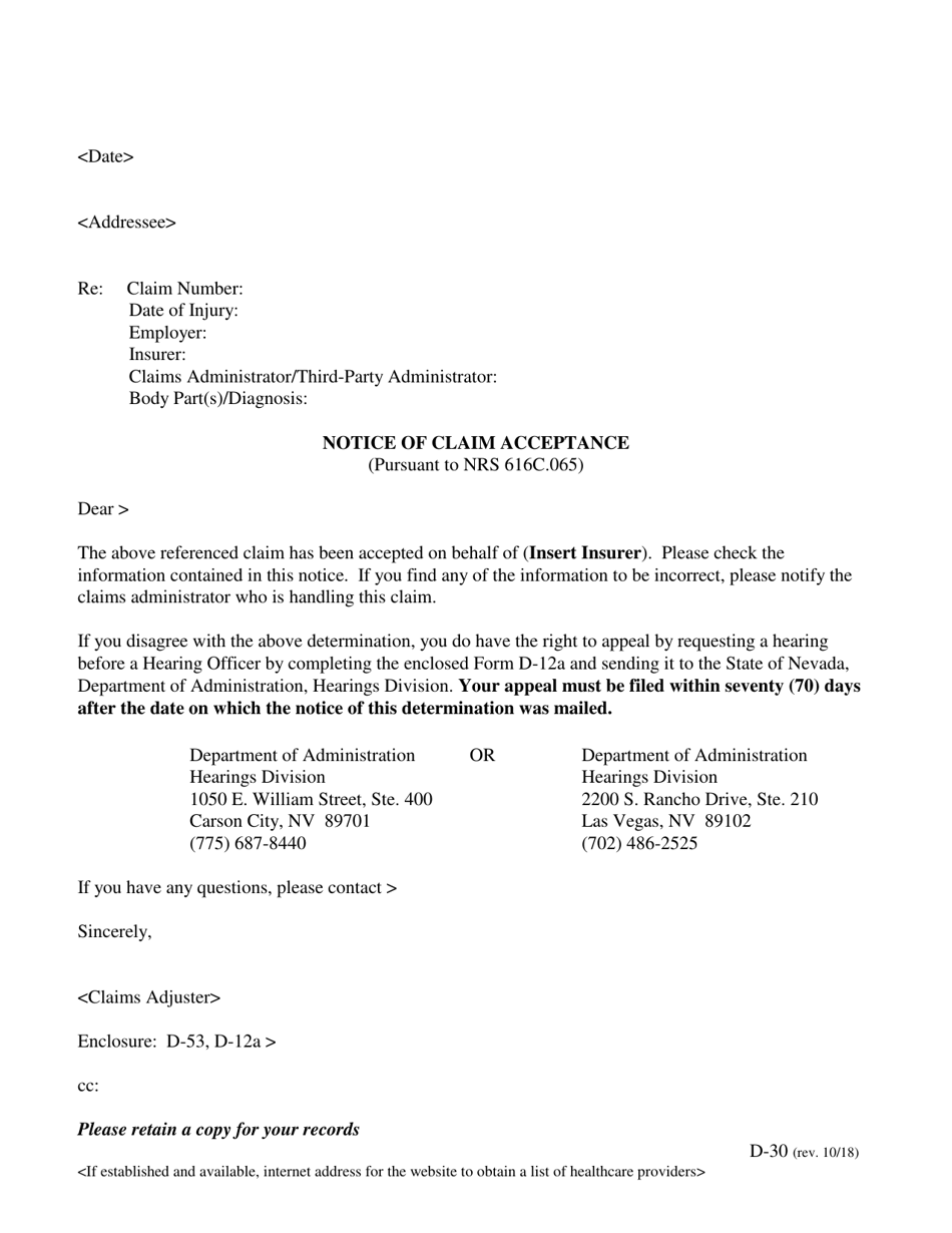 Form D-30 Notice of Claim Acceptance - Nevada, Page 1