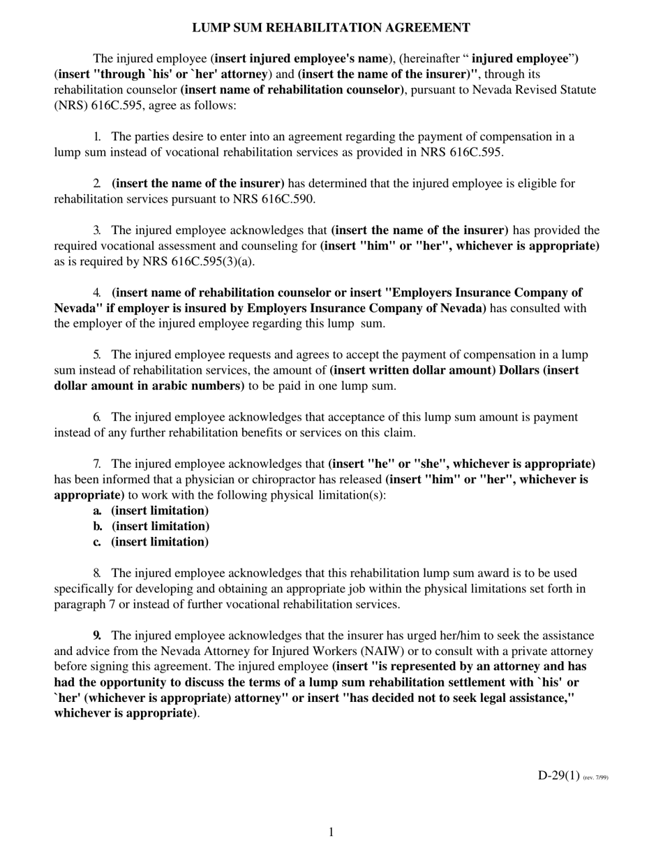 Form D-29 Lump Sum Rehabilitation Agreement - Nevada, Page 1