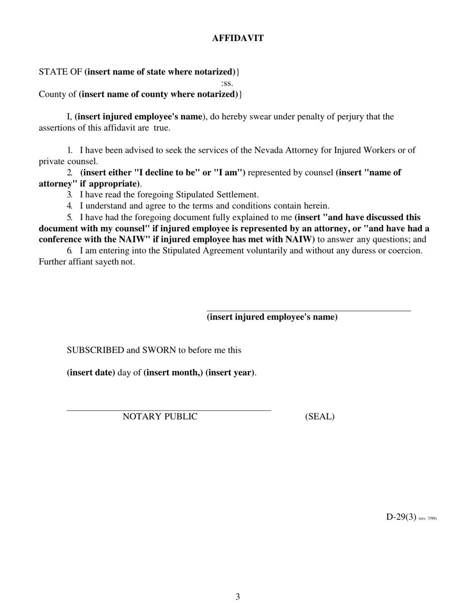 Form D-29 - Fill Out, Sign Online and Download Printable PDF, Nevada ...