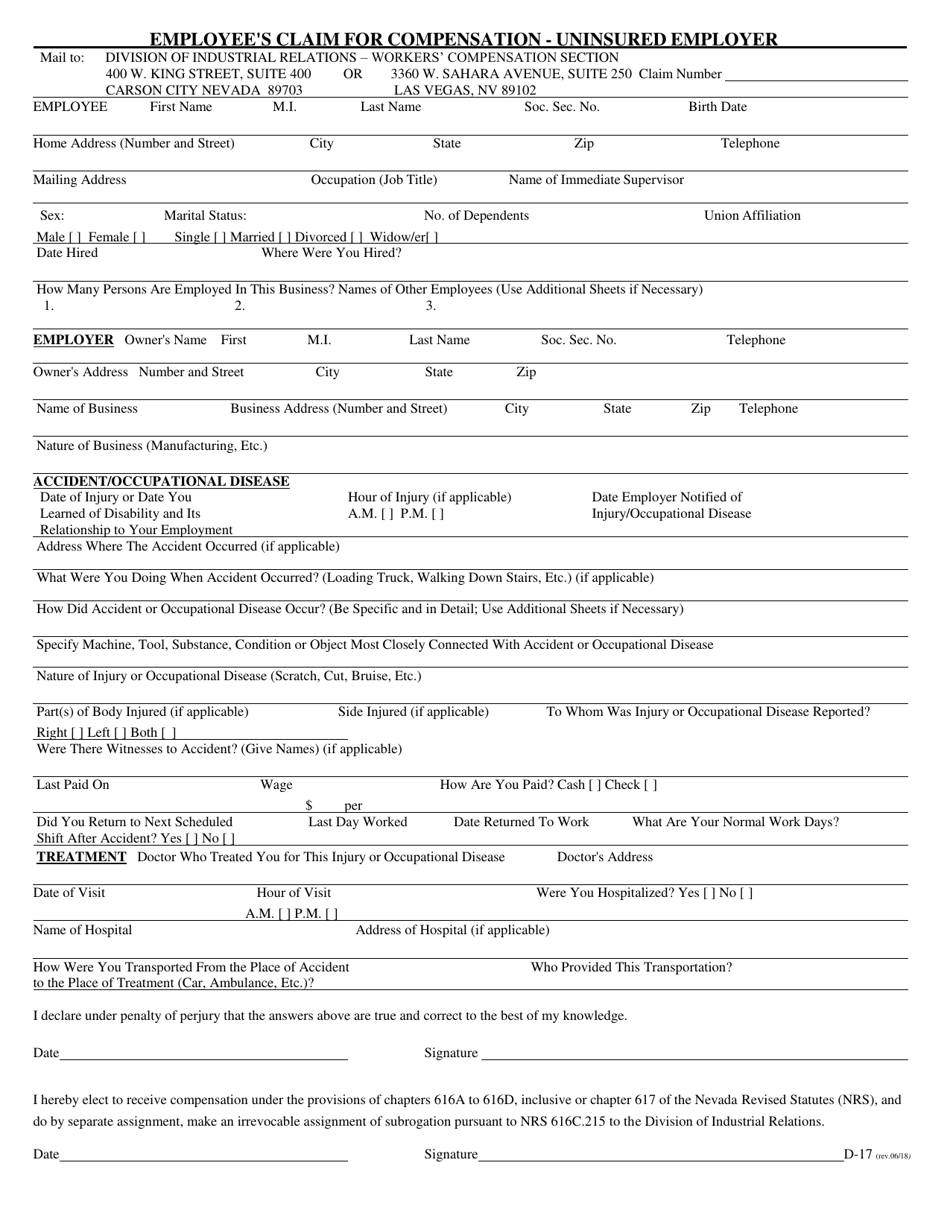 Form D-17 Employee's Claim for Compensation - Uninsured Employer - Nevada, Page 1