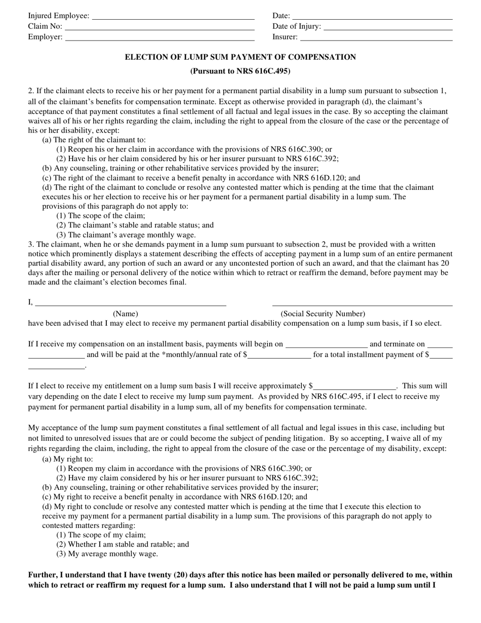 Form D-10(A) Election of Lump Sum Payment of Compensation - Nevada, Page 1