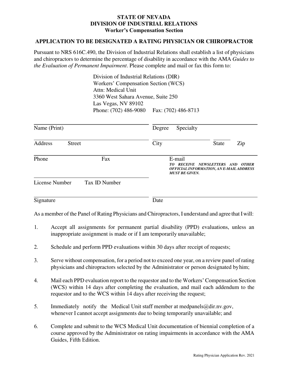 Application to Be Designated a Rating Physician or Chiropractor - Nevada, Page 1