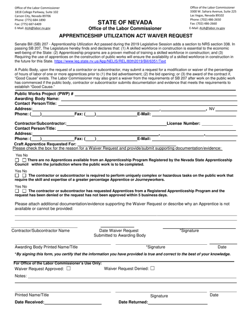 Apprenticeship Utilization Act Waiver Request Form - Nevada Download Pdf
