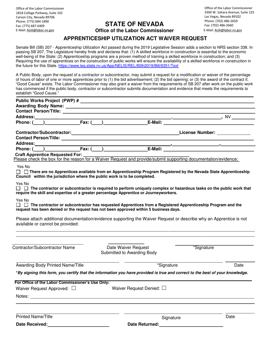 Apprenticeship Utilization Act Waiver Request Form - Nevada, Page 1