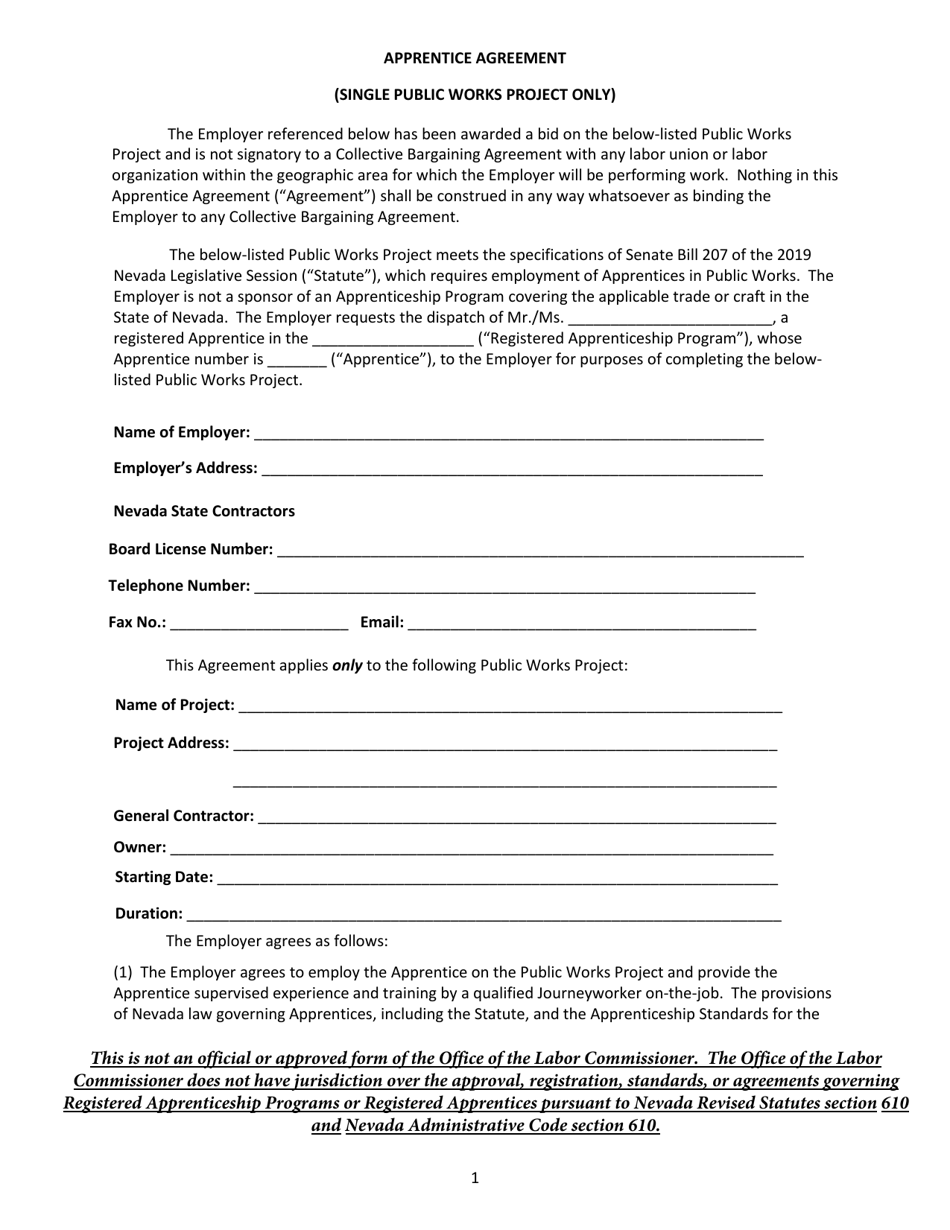 Apprenticeship Agreement Form - Nevada, Page 1