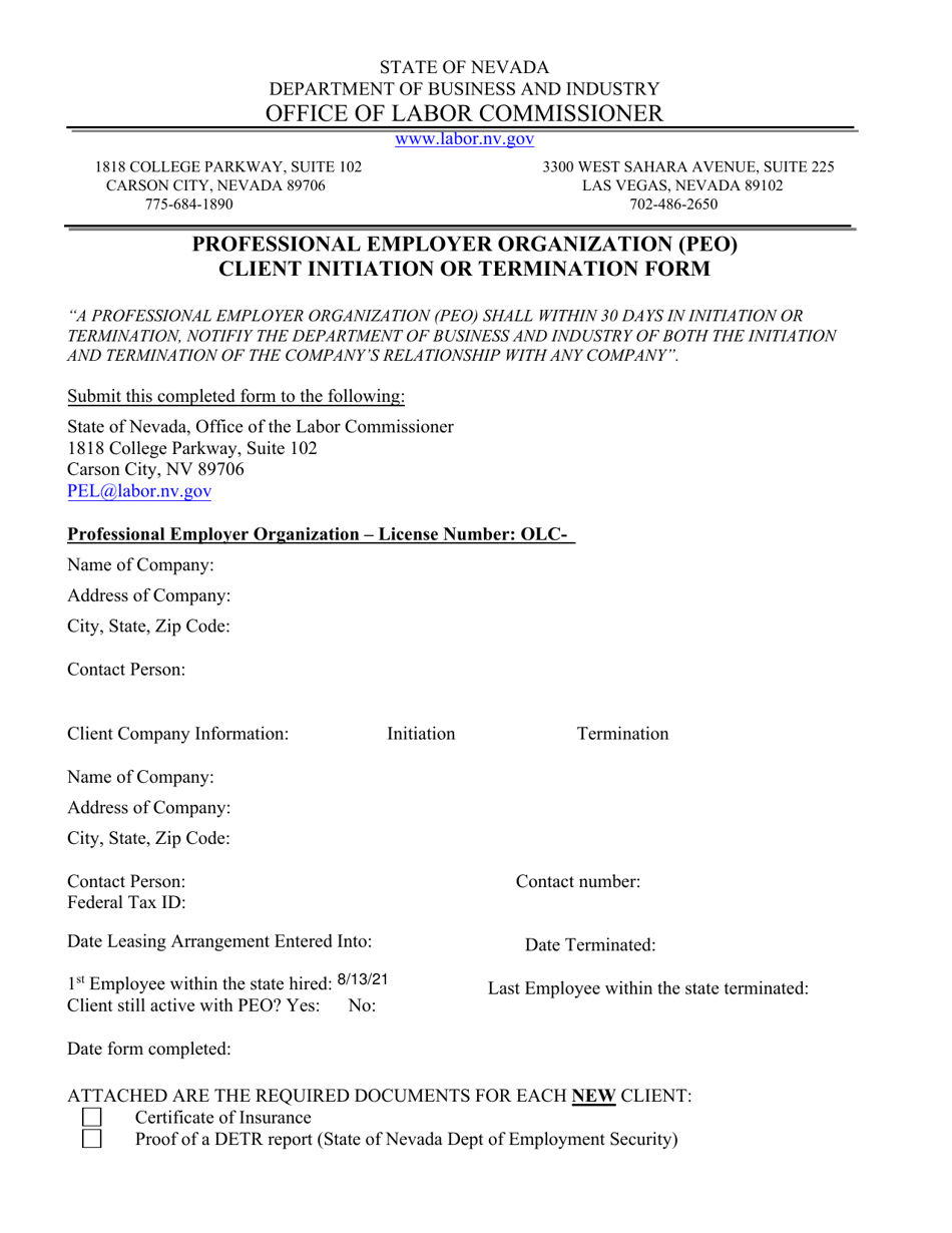Professional Employer Organization (Peo) Client Initiation or Termination Form - Nevada, Page 1