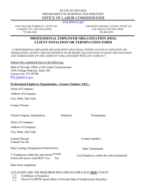 Professional Employer Organization (Peo) Client Initiation or Termination Form - Nevada Download Pdf