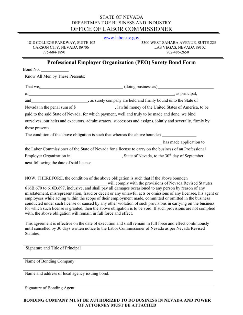 Professional Employer Organization (Peo) Surety Bond Form - Nevada, Page 1