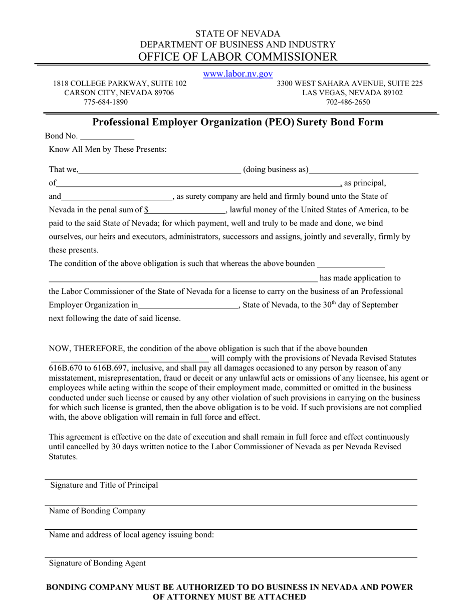 Nevada Professional Employer Organization (Peo) Surety Bond Form Fill