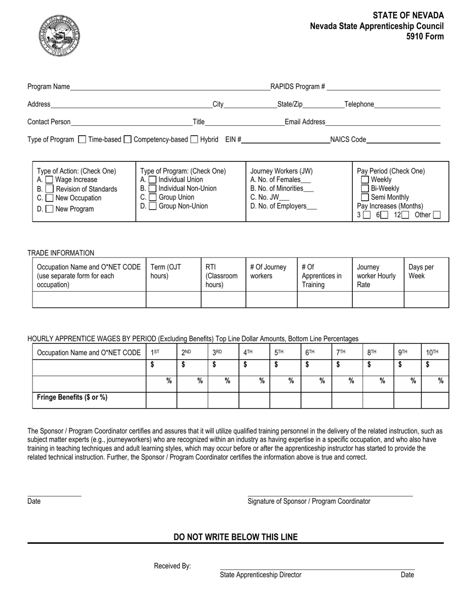 Form 5910 Nevada State Apprenticeship Council - Nevada, Page 1