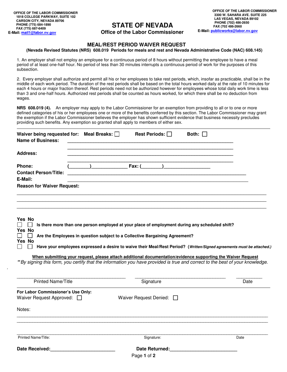 Meal / Rest Period Waiver Request - Nevada, Page 1