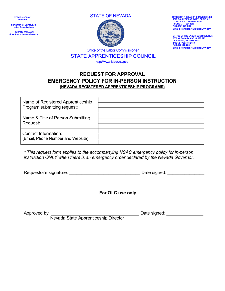 Request for Approval Emergency Policy for in-Person Instruction - Nevada, Page 1