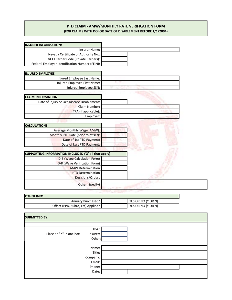 Ptd Claim - Amw / Monthly Rate Verification Form - Draft - Nevada, Page 1
