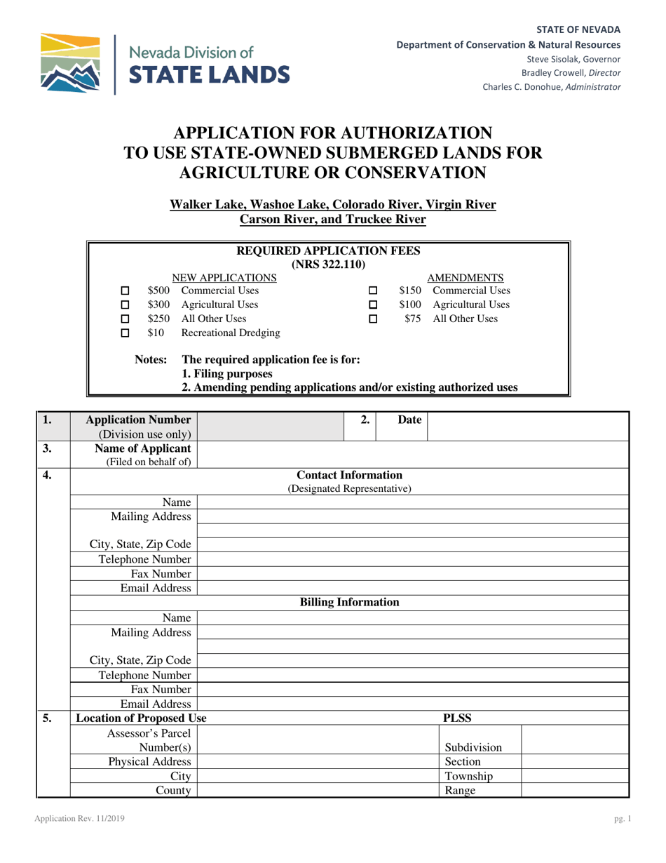 Application for Authorization to Use State-Owned Submerged Lands for Agriculture or Conservation - Nevada, Page 1