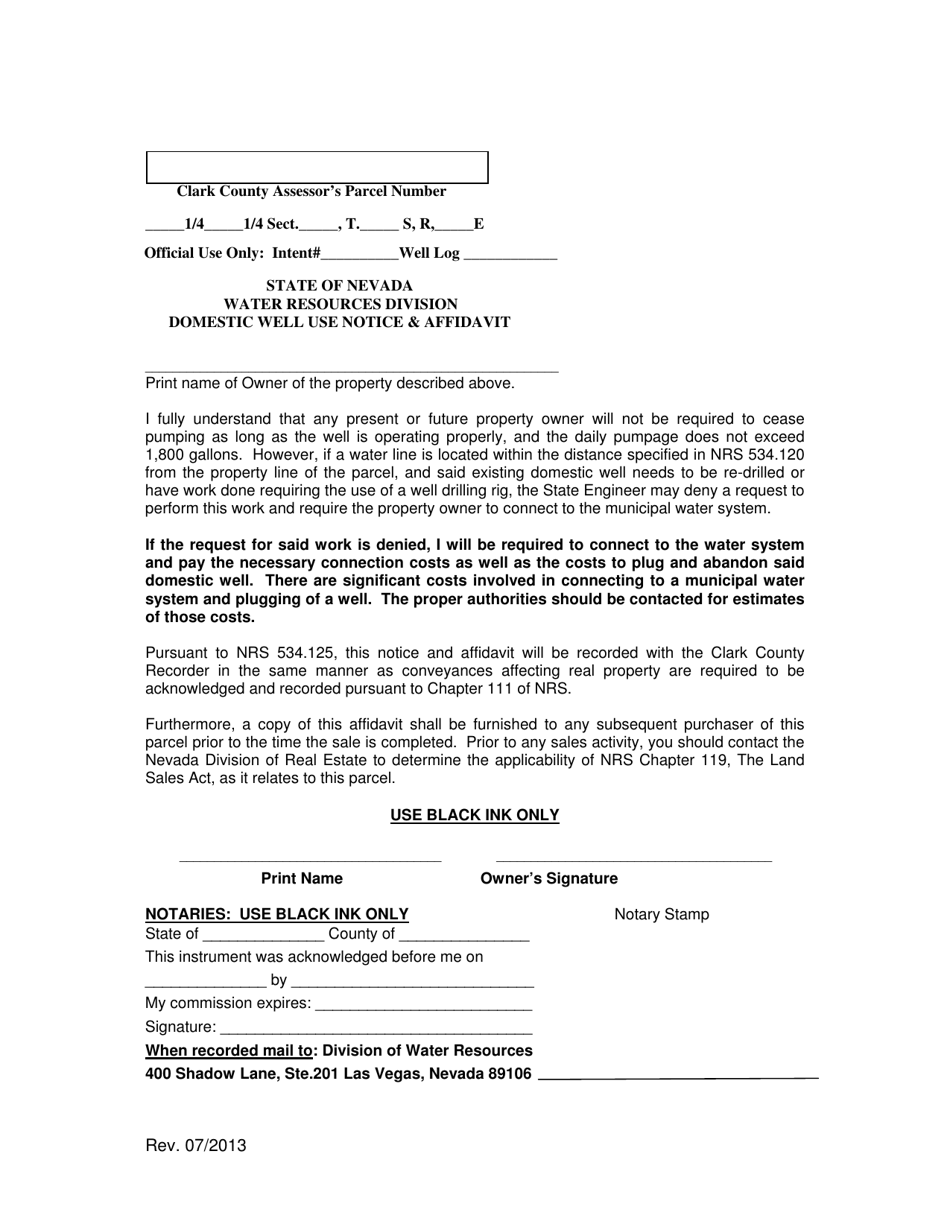 Domestic Well Use Notice  Affidavit - Clark County, Nevada, Page 1