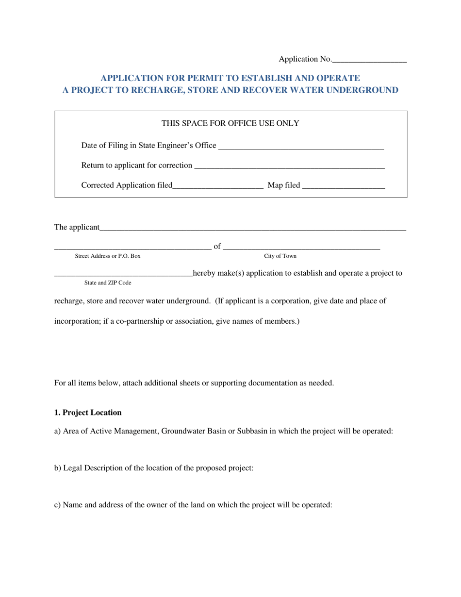 Application for Permit to Establish and Operate a Project to Recharge, Store and Recover Water Underground - Nevada, Page 1