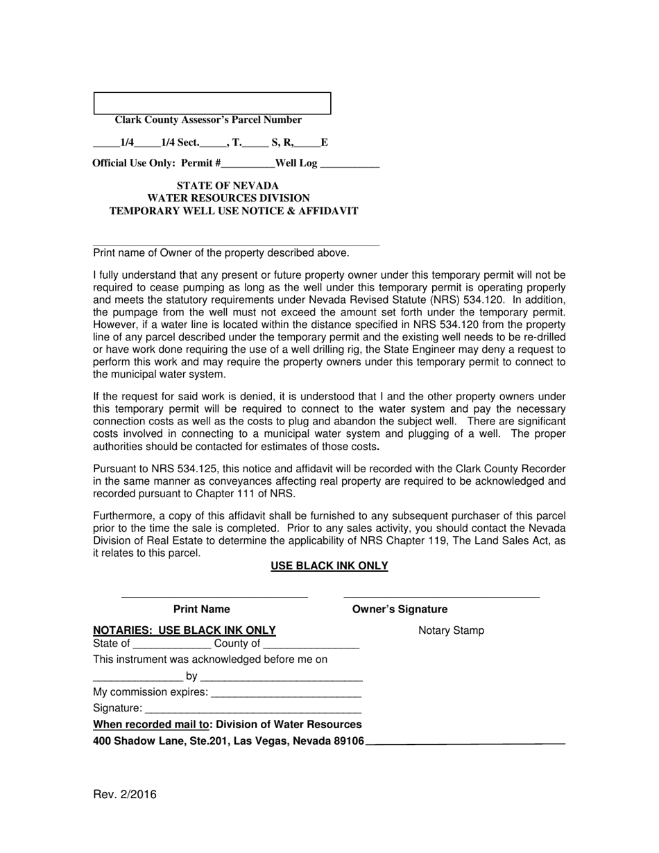 Temporary Well Use Notice  Affidavit - Nevada, Page 1
