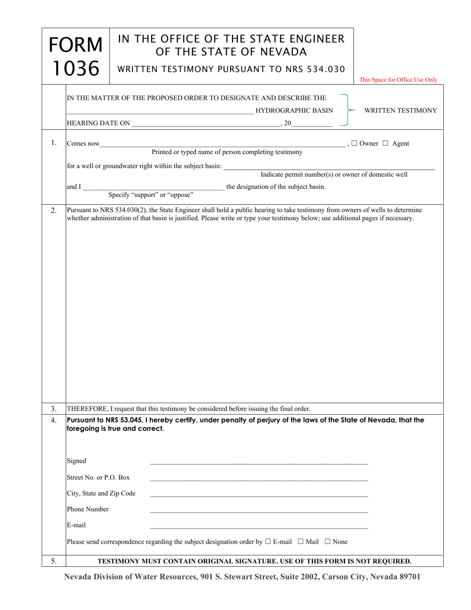 Form 1036 Written Testimony Pursuant to Nrs 534.030 - Nevada, Page 1