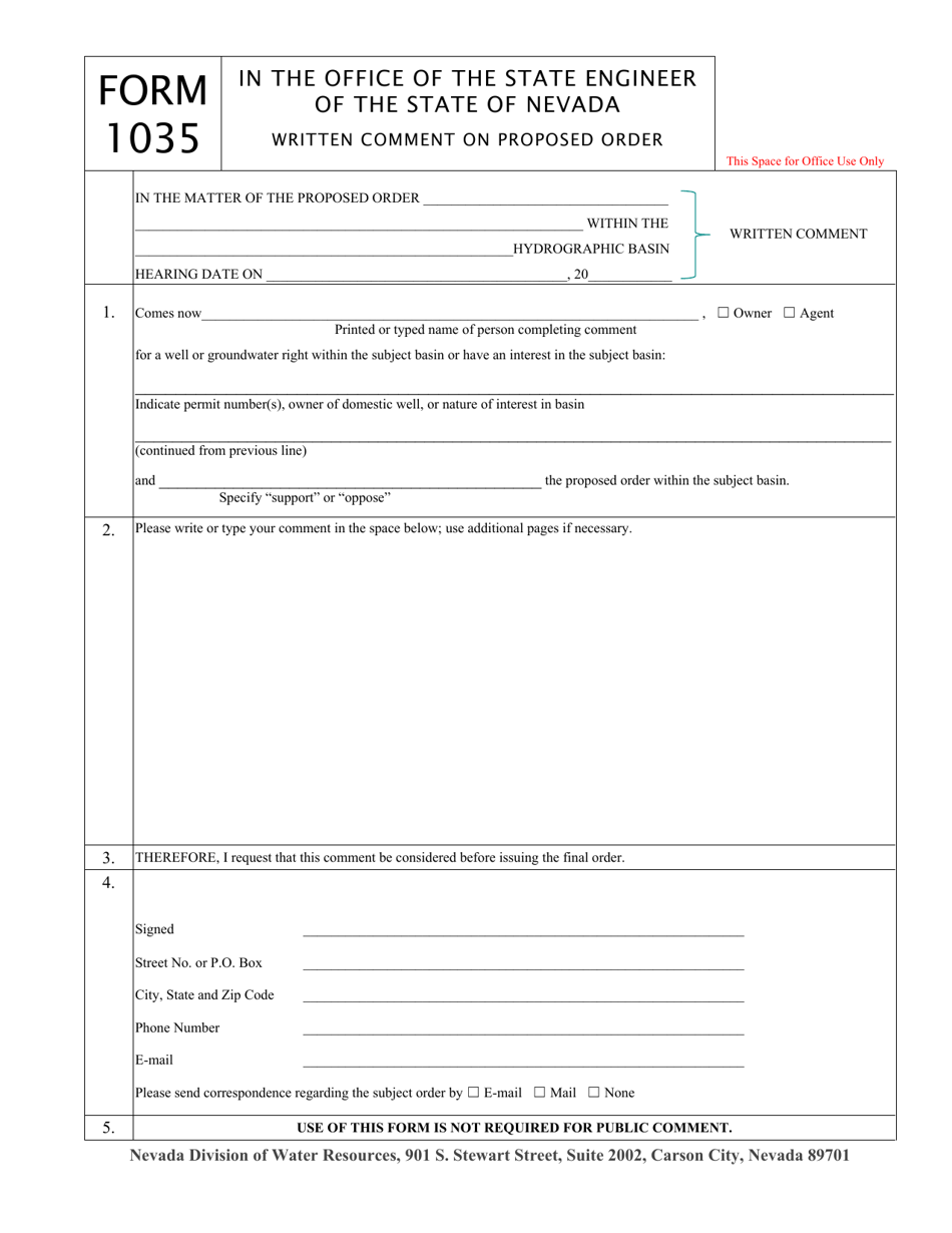 Form 1035 Written Comment on Proposed Order - Nevada, Page 1