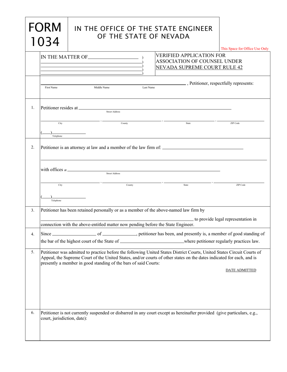 Form 1034 Verified Application for Association of Counsel Under Nevada Supreme Court Rule 42 - Nevada, Page 1