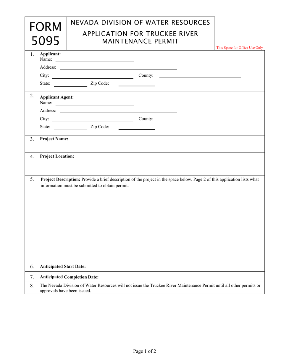 Form 5095 Application for Truckee River Maintenance Permit - Nevada, Page 1