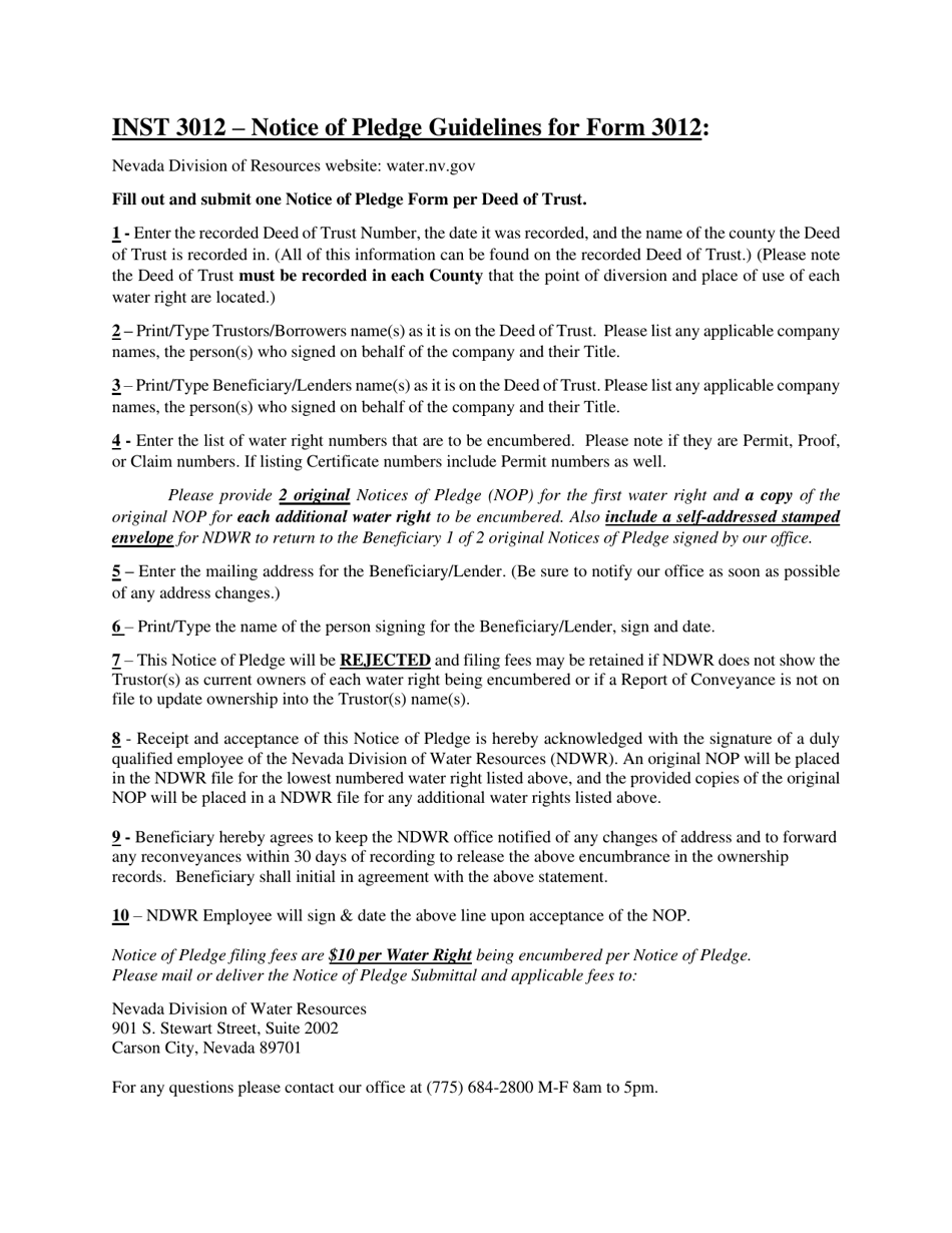 Instructions for Form 3012 Notice of Pledge - Nevada, Page 1
