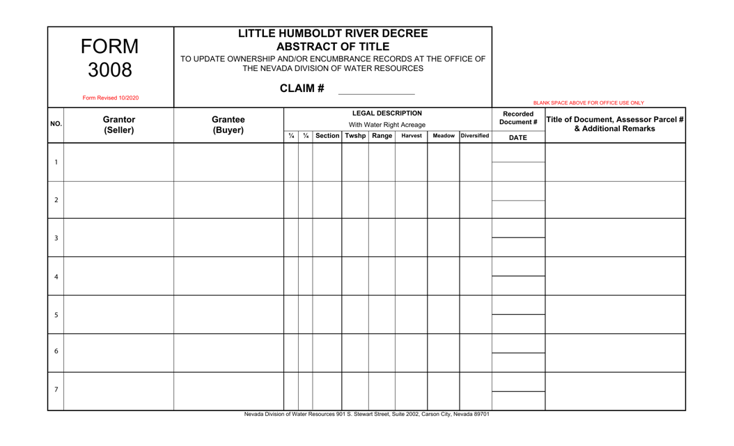 Form 3008 Little Humboldt River Decree Abstract of Title Form to Update Ownership and/or Encumbrance Records - Nevada