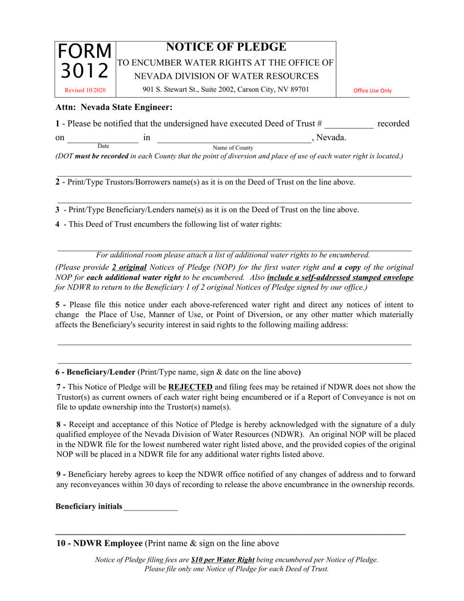 Form 3012 Notice of Pledge - Nevada, Page 1