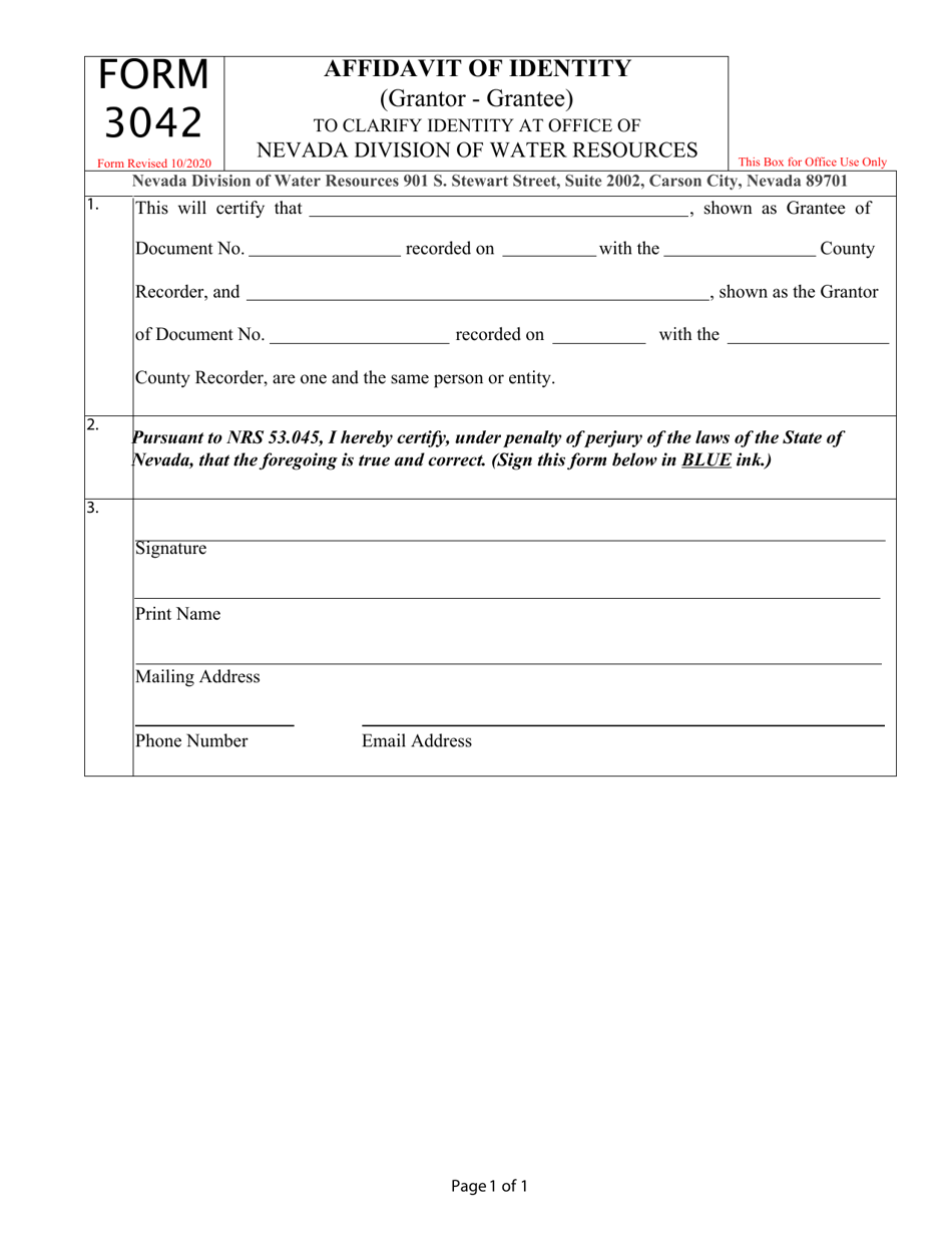 Form 3042 Affidavit of Identity (Grantor - Grantee) - Nevada, Page 1