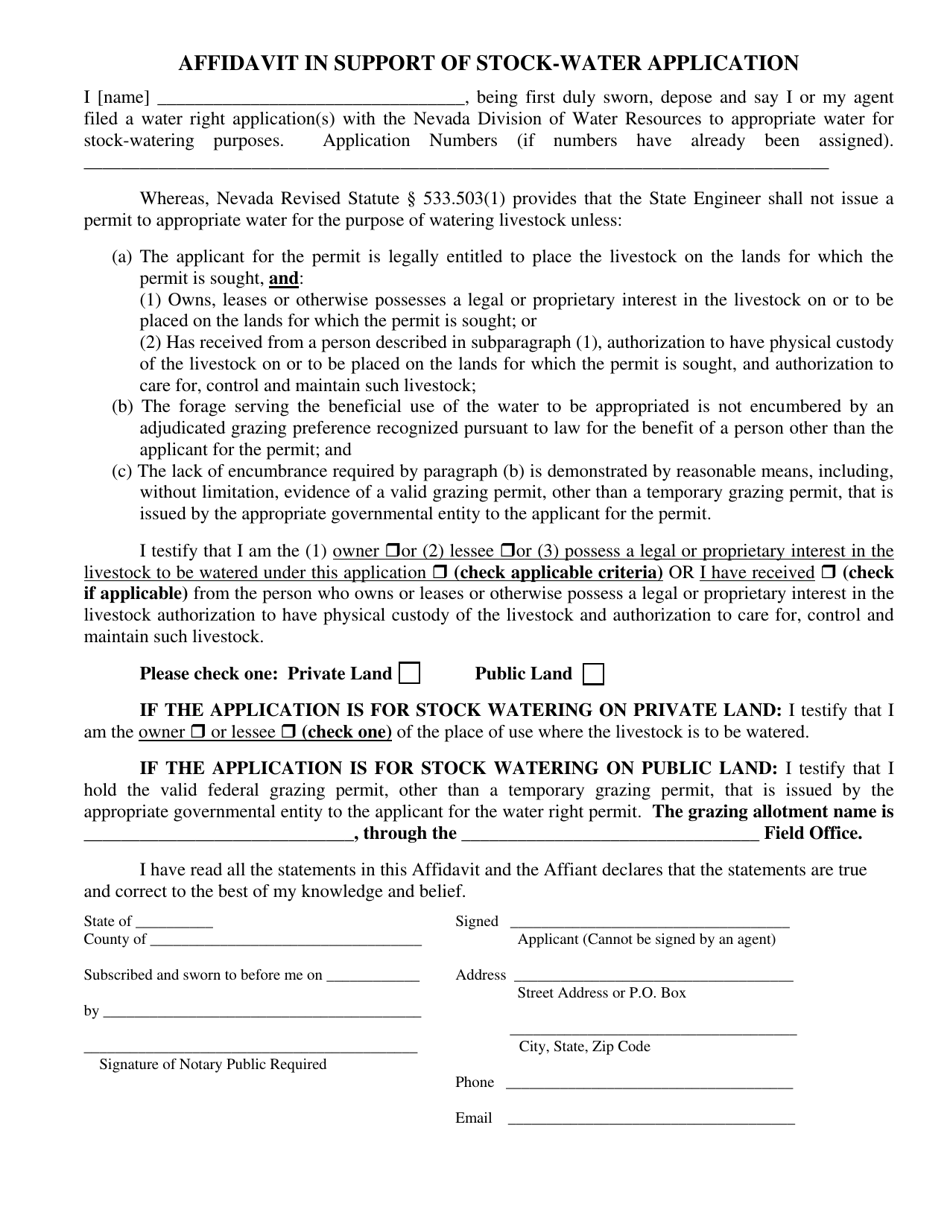 Affidavit in Support of Stock-Water Application - Nevada, Page 1