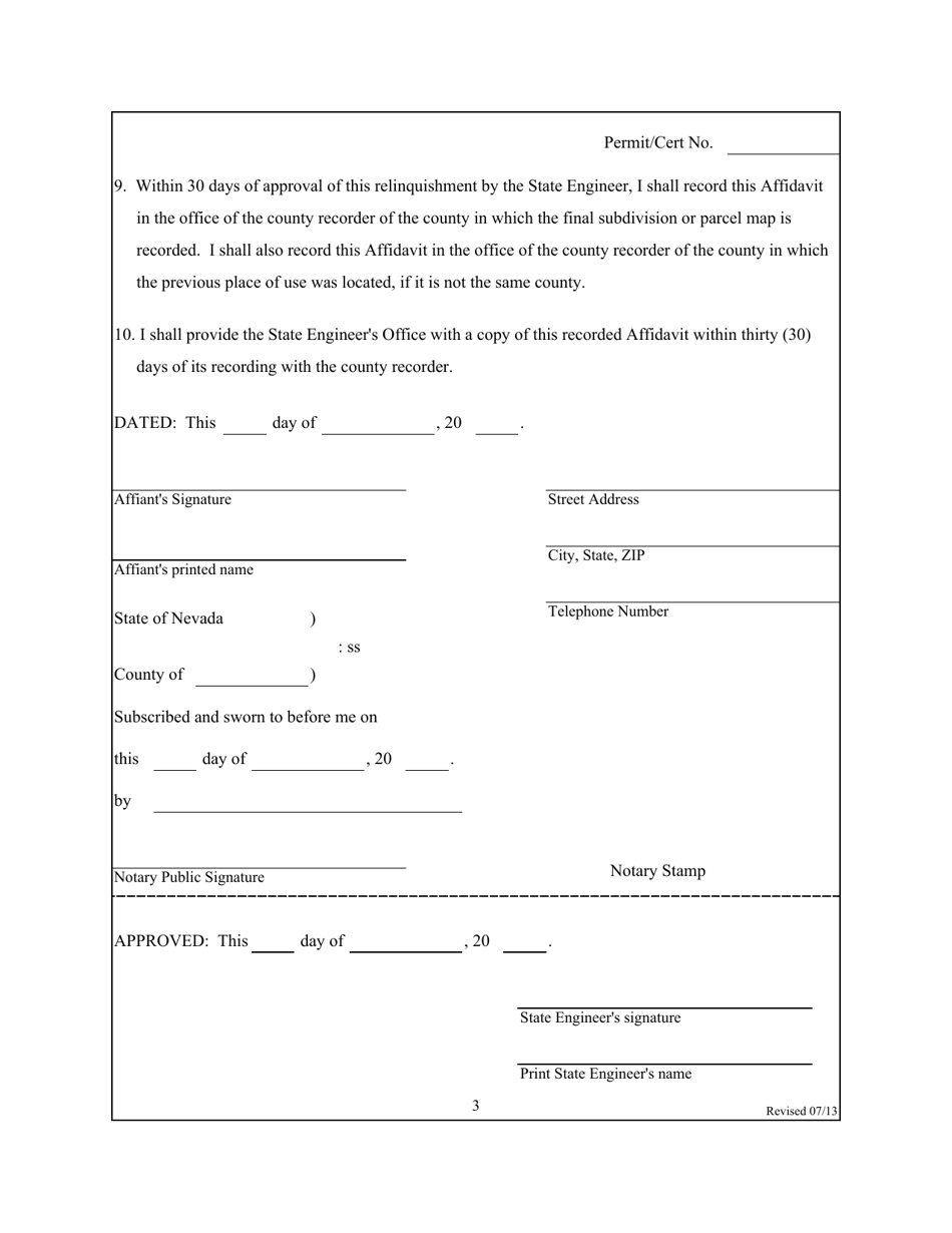 Affidavit to Relinquish Water Rights in Favor of Use of Water for Domestic Wells - Nevada, Page 3