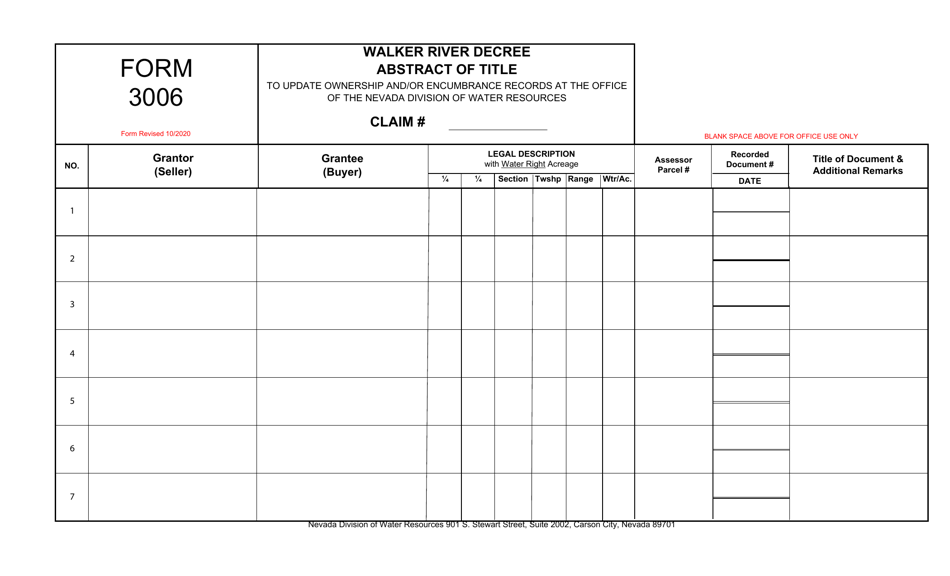 Form 3006 Walker River Decree Abstract of Title - Nevada, Page 1