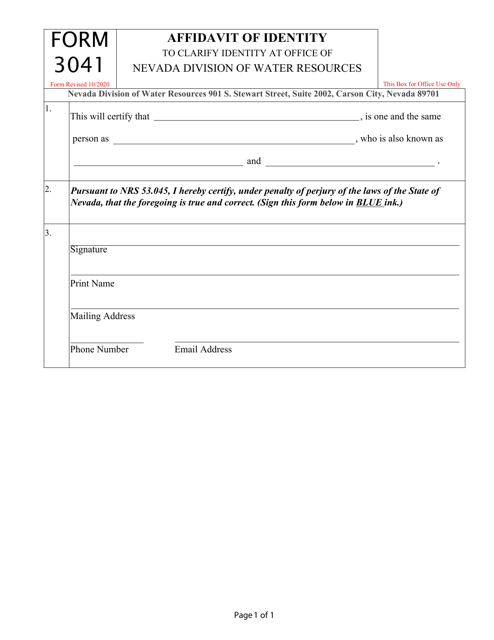 Form 3041 Affidavit of Identity to Clarify Identity at Office of Nevada Division of Water Resources - Nevada