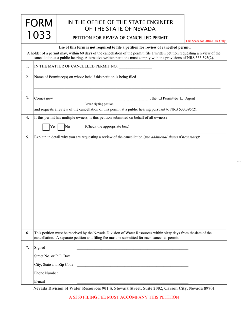 Form 1033 Petition for Review of Cancelled Permit - Nevada, Page 1